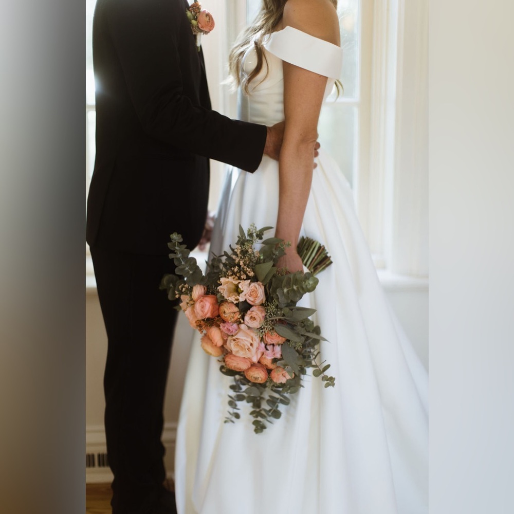 David's Bridal Off The Shoulder Satin Gown Wedding Dress, Size 8